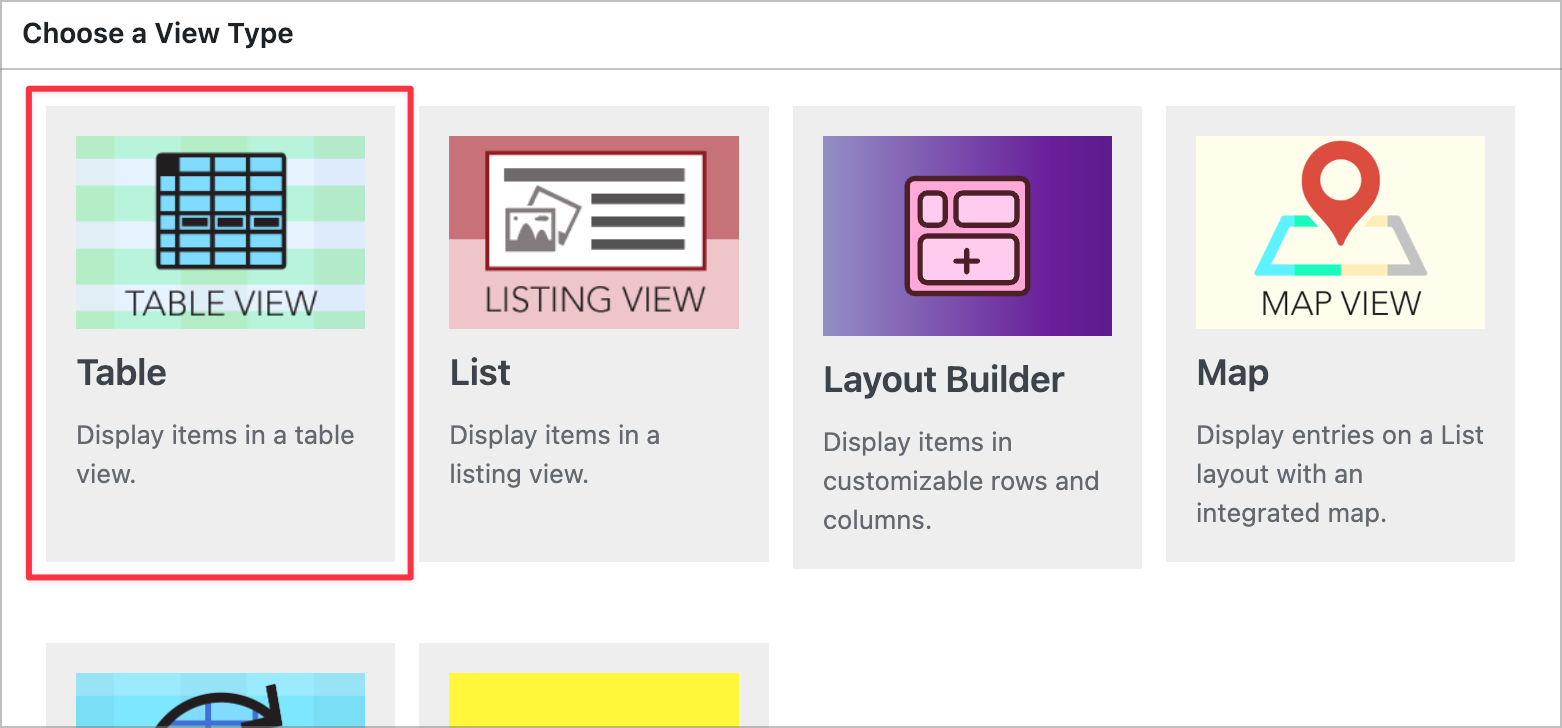 Selecting the Table View type when creating a new GravityView View