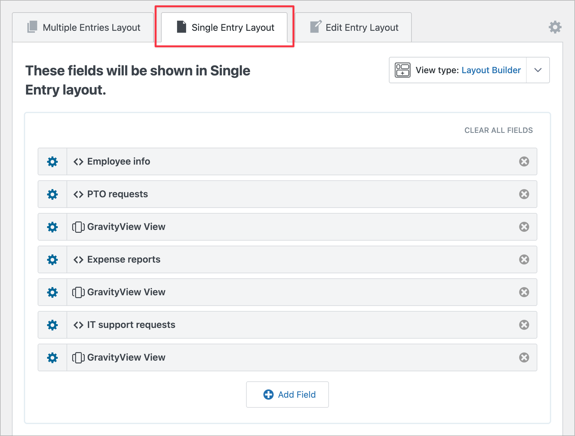 Single Entry Layout in the GravityView editor with Custom Content and GravityView View fields configured for the dashboard