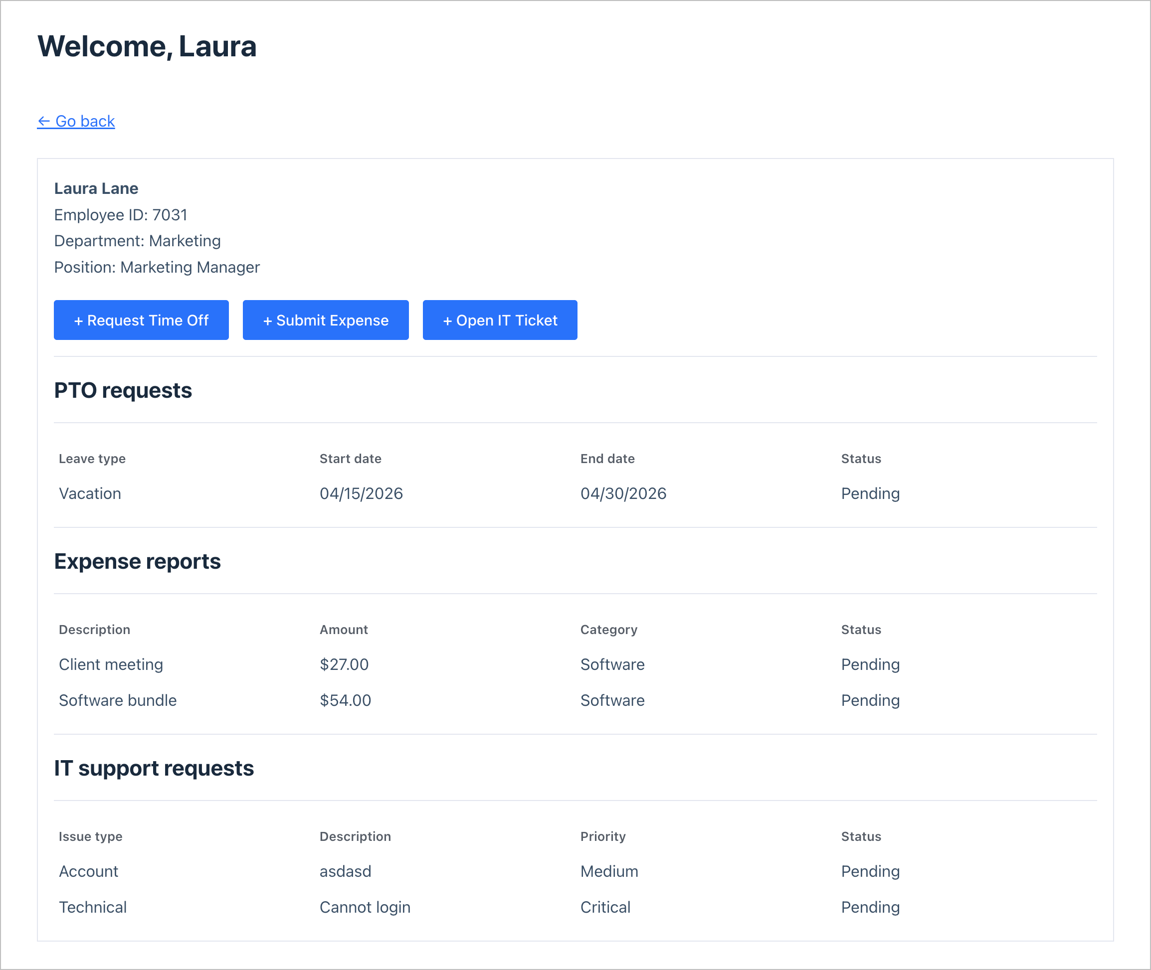 The finished employee dashboard showing PTO requests, expense reports, and IT support tickets in a single View