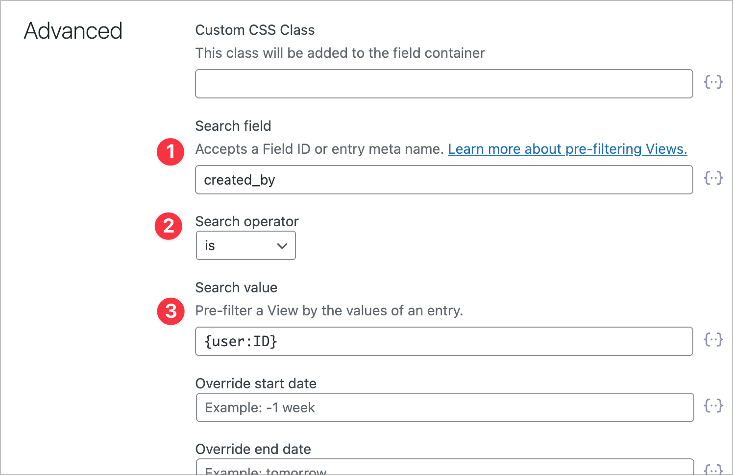 GravityView View field settings showing Search Field, Search Operator, and Search Value configured to filter by the currently logged-in user