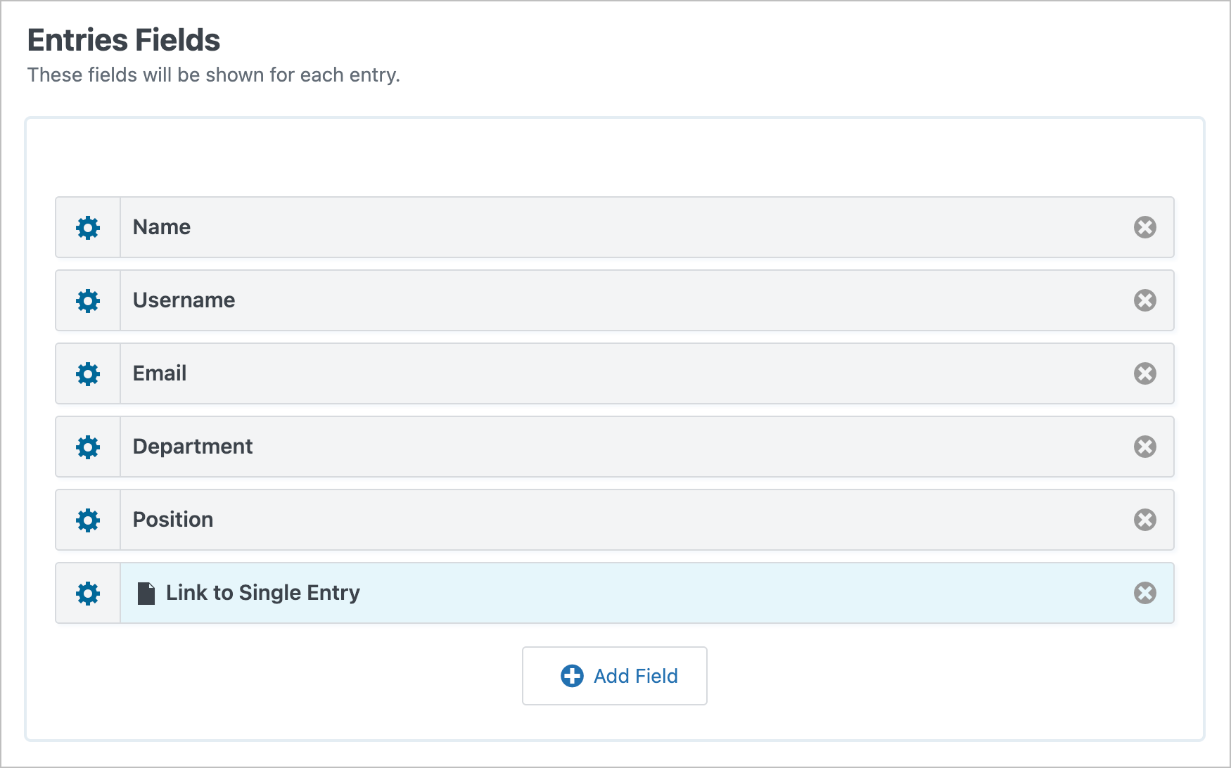 Multiple Entries Layout showing configured fields including Name, Department, Position, and Link to Single Entry