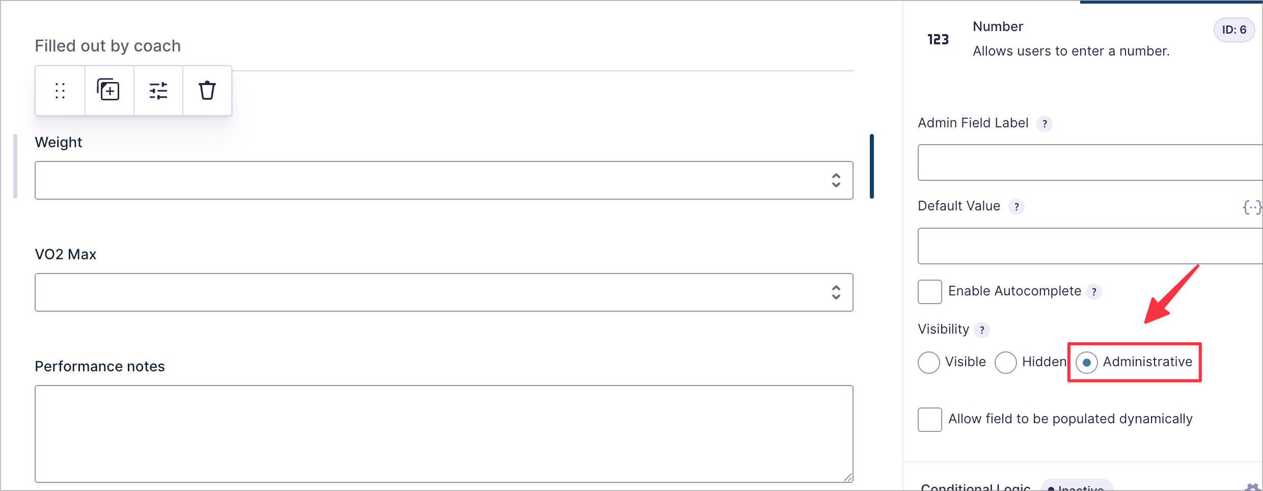 The coach section in the form builder with the Administrative visibility option selected in the field settings panel
