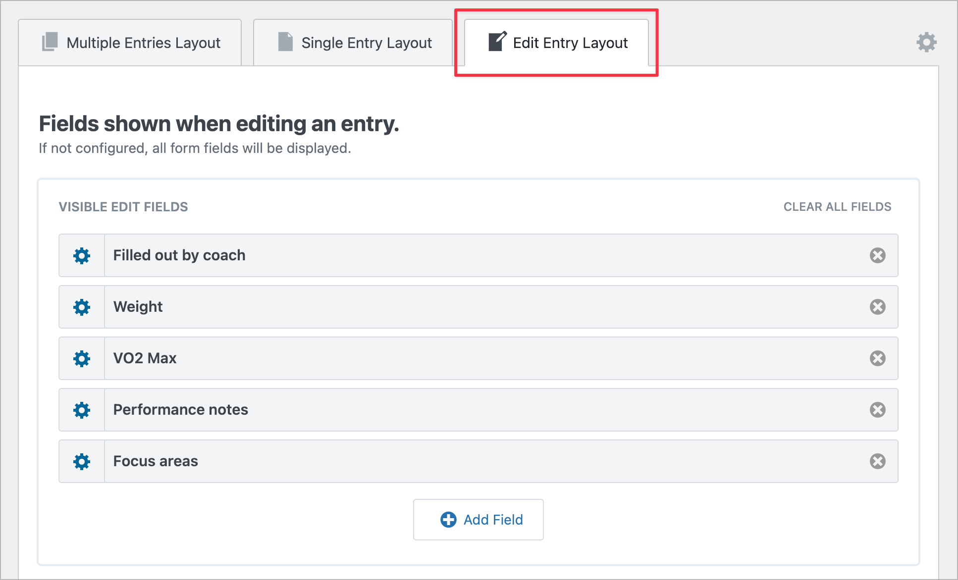 The Edit Entry Layout tab showing only the coach-specific fields: Filled out by coach section, Weight, VO2 Max, Performance notes, and Focus areas