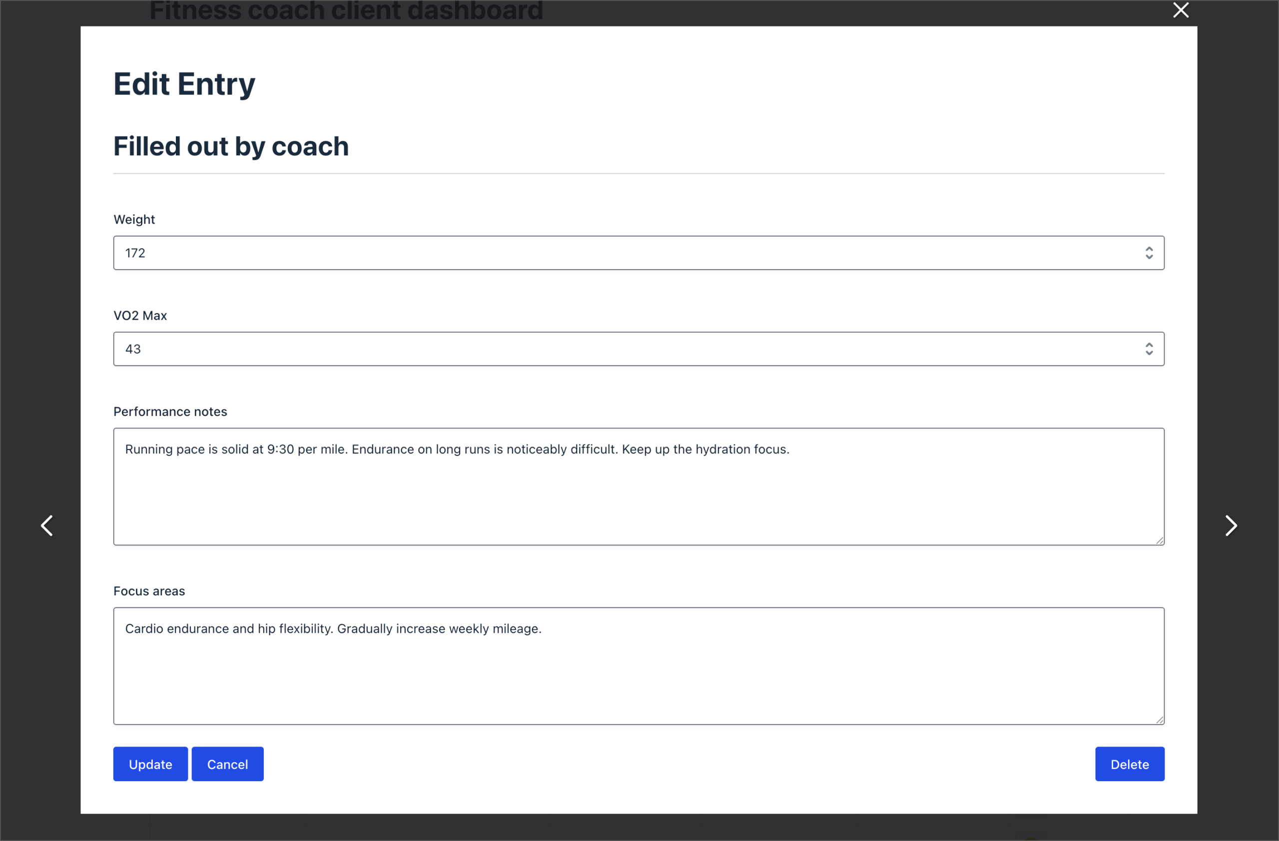 The Edit Entry view on the frontend showing coach-only fields with sample assessment data filled in