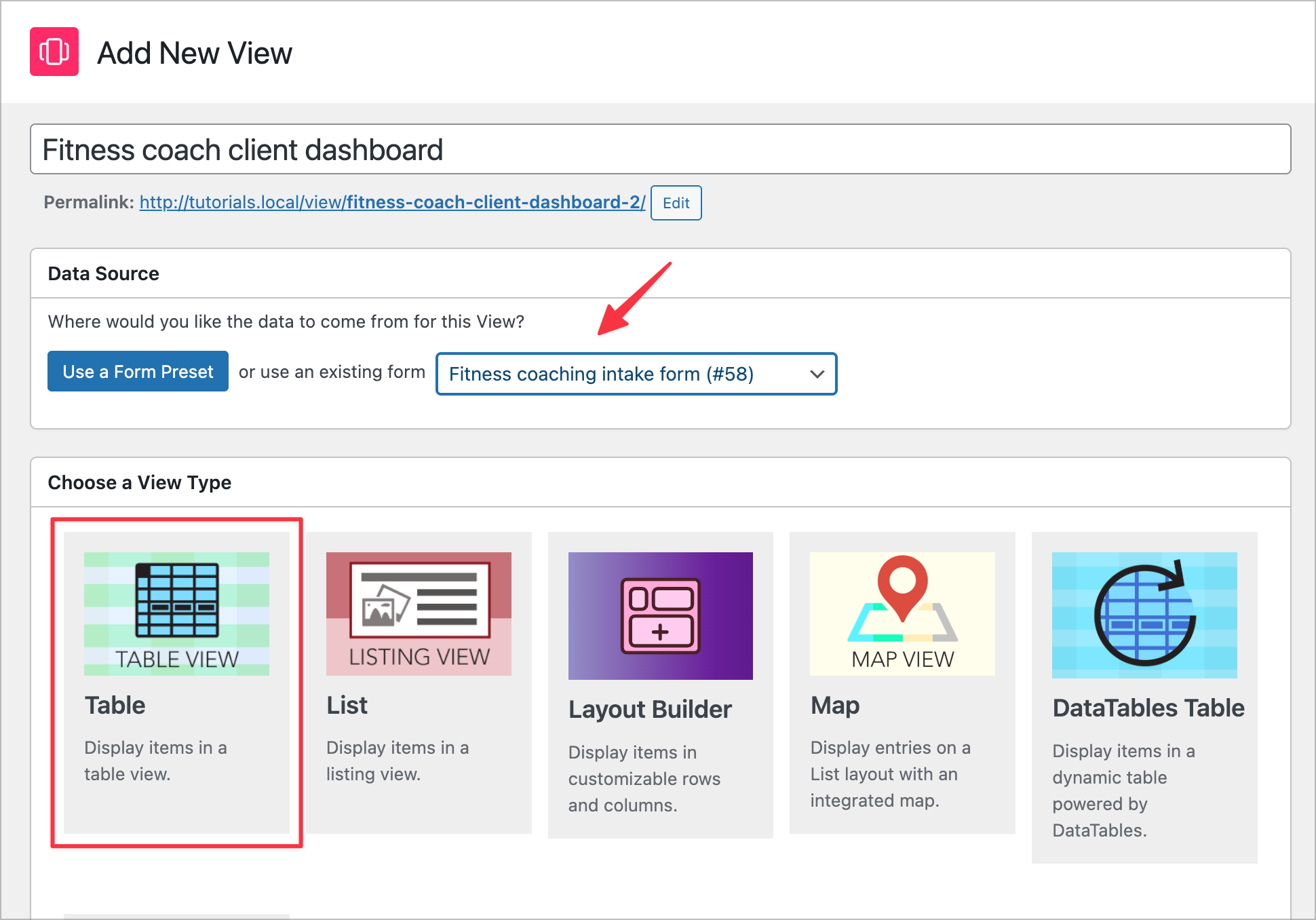 The GravityView Add New View screen with the form selected as the data source and the Table View type highlighted