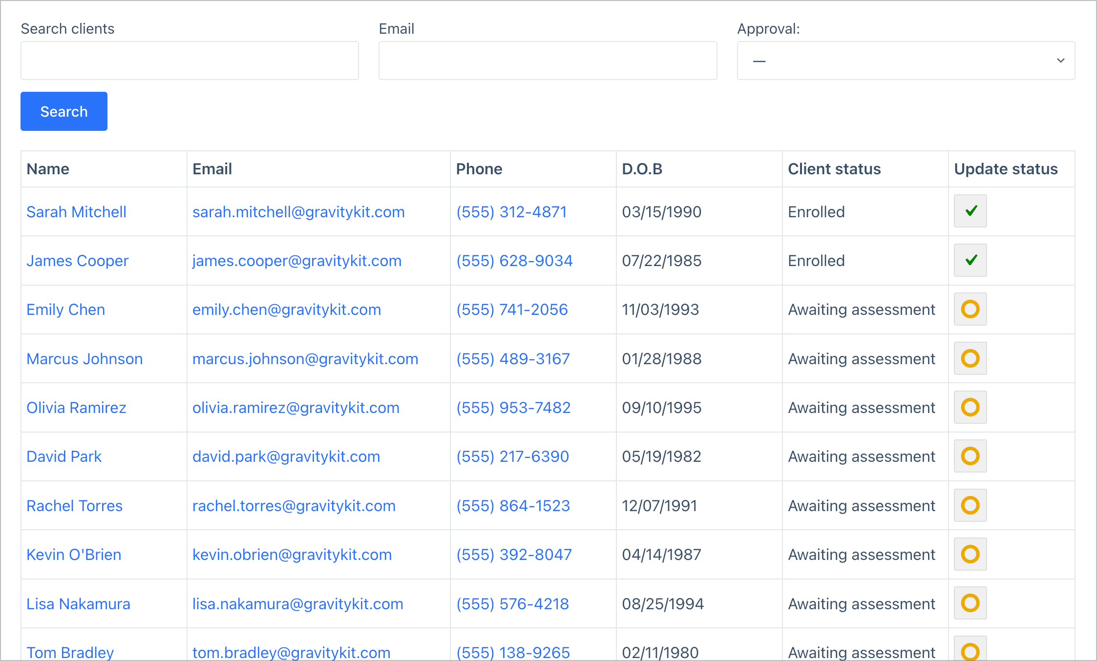 A GravityView Table View serving as the coach's dashboard, with a search bar and columns for Name, Email, Phone, D.O.B, Client status, and Update status