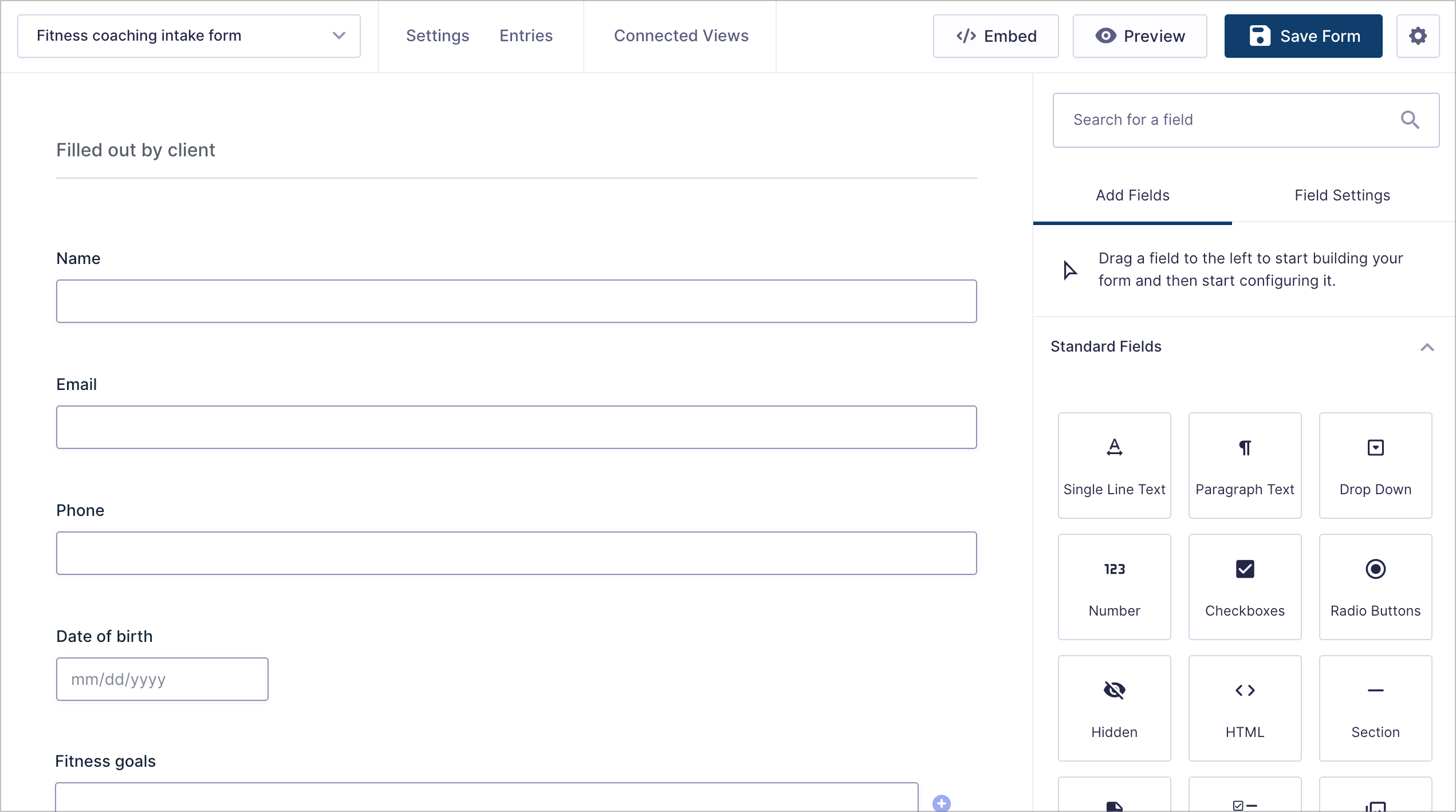 The Gravity Forms editor showing the client section of the intake form with Name, Email, Phone, Date of birth, and Fitness goals fields
