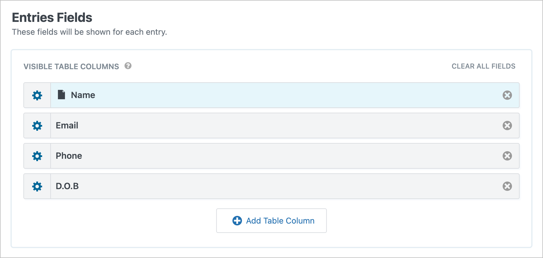 The Multiple Entries Layout showing the visible table columns: Name, Email, Phone, and D.O.B