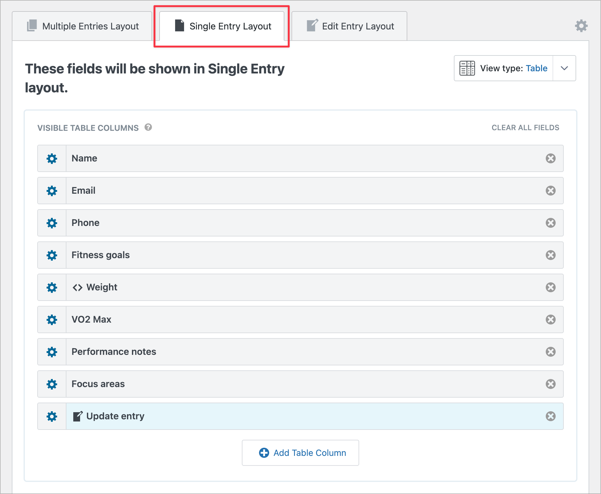 The Single Entry Layout tab showing all client and coach fields along with an Edit Entry link at the bottom