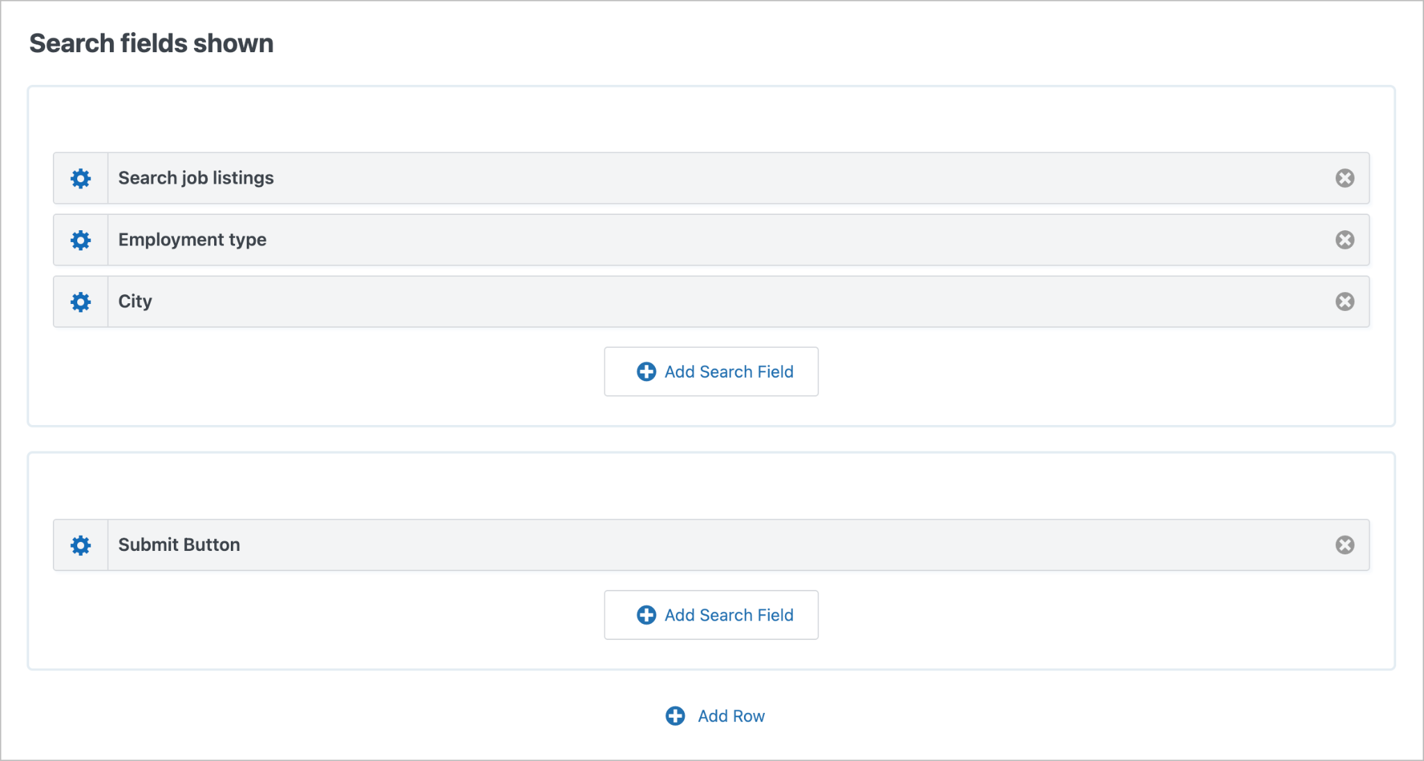 The search bar configuration panel showing several search fields added.
