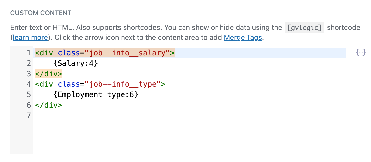 Custom Content text editor showing basic HTML with two merge tags for Salary and Employment type.