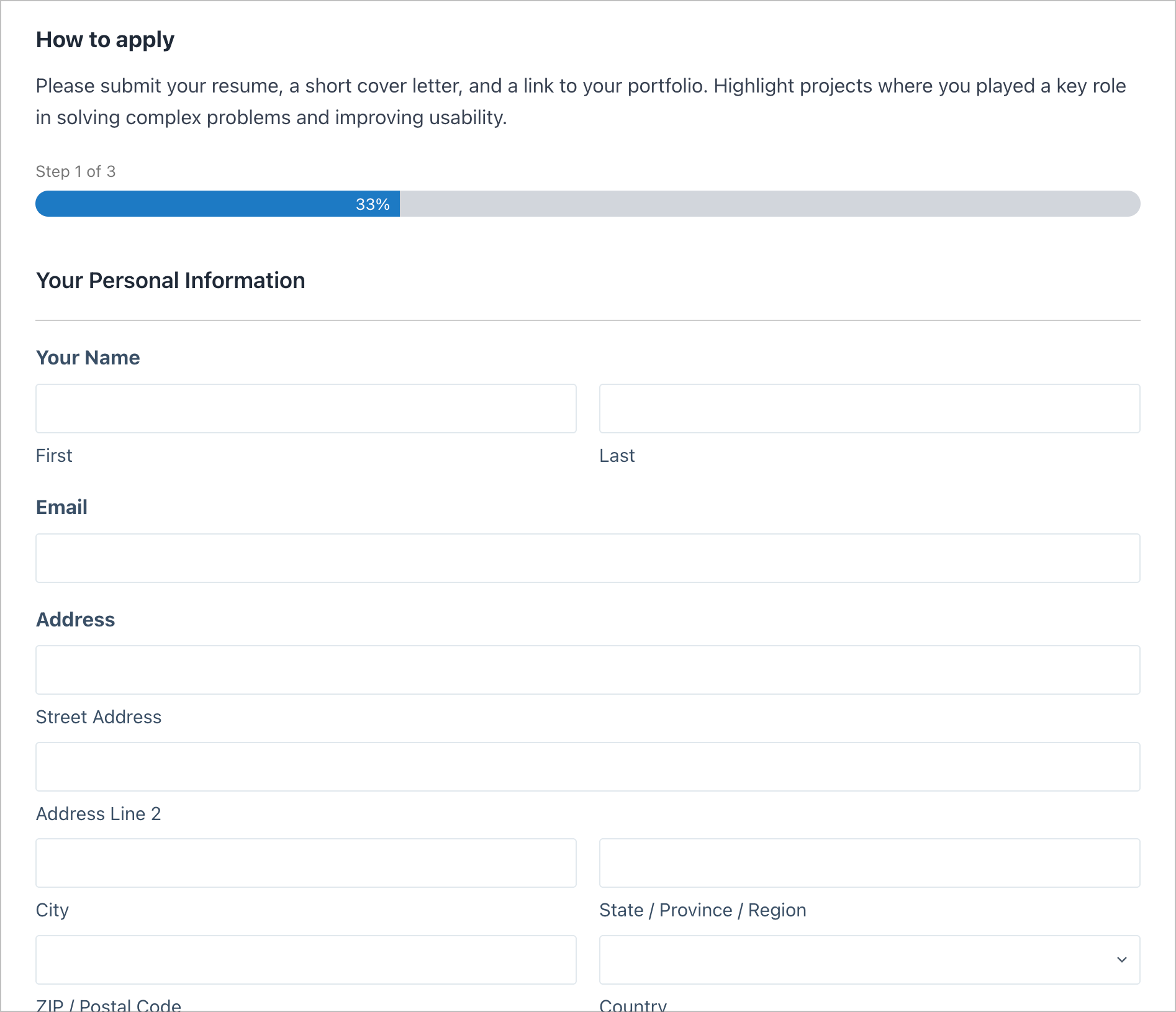 a multi page job application form