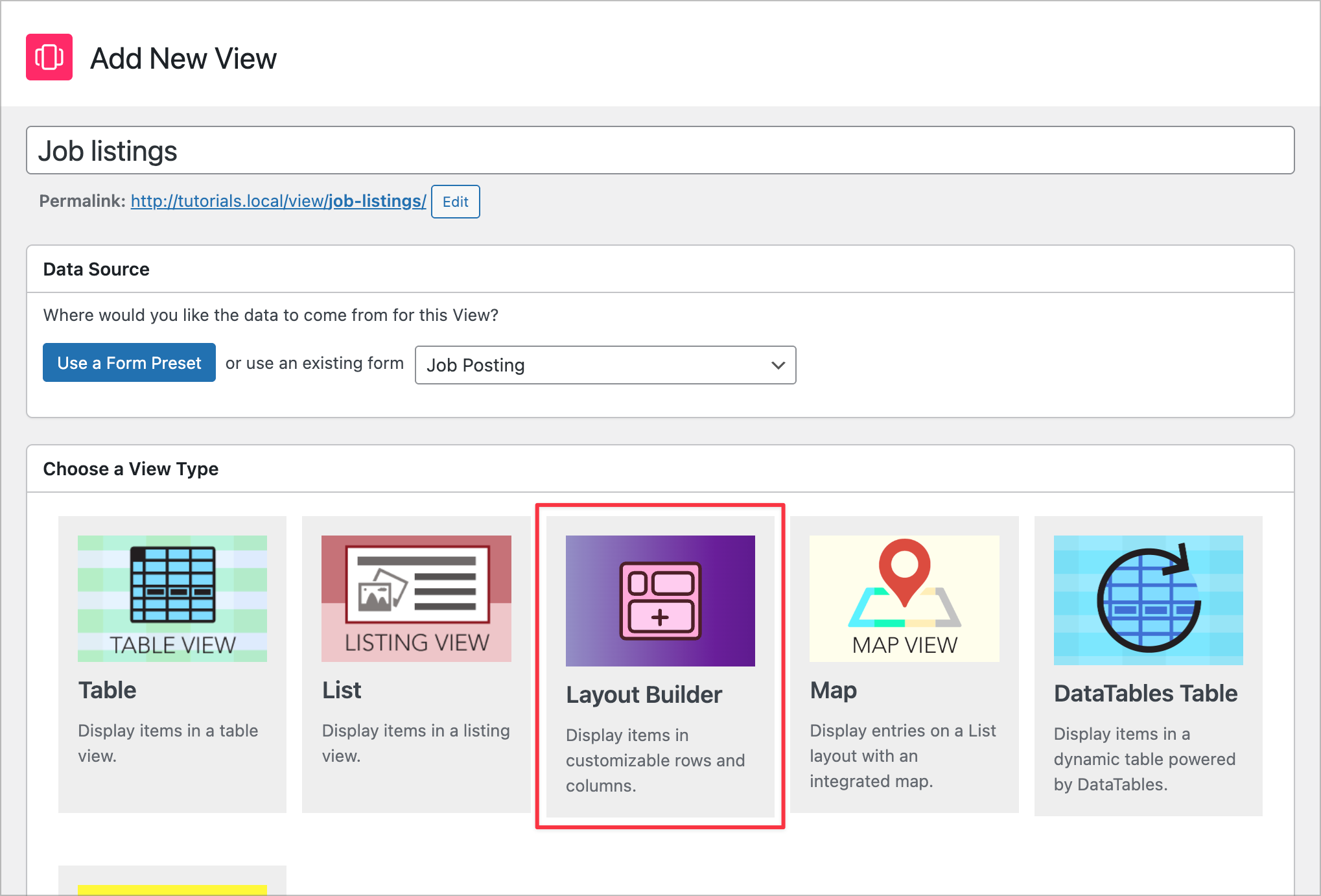 The View creation screen in GravityView