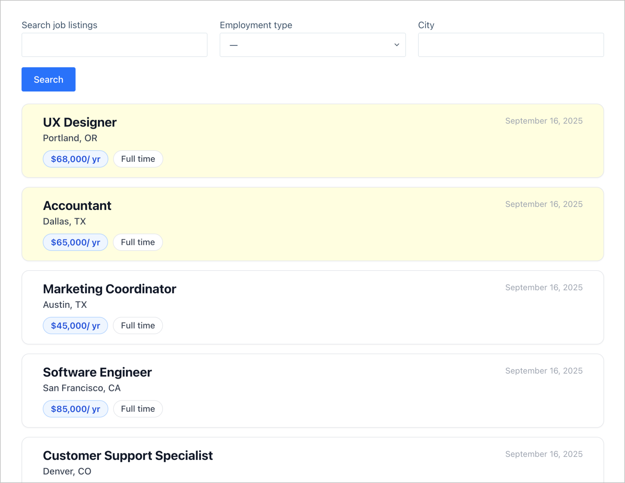 A job board showing job listings in a modern style with a search bar above.
