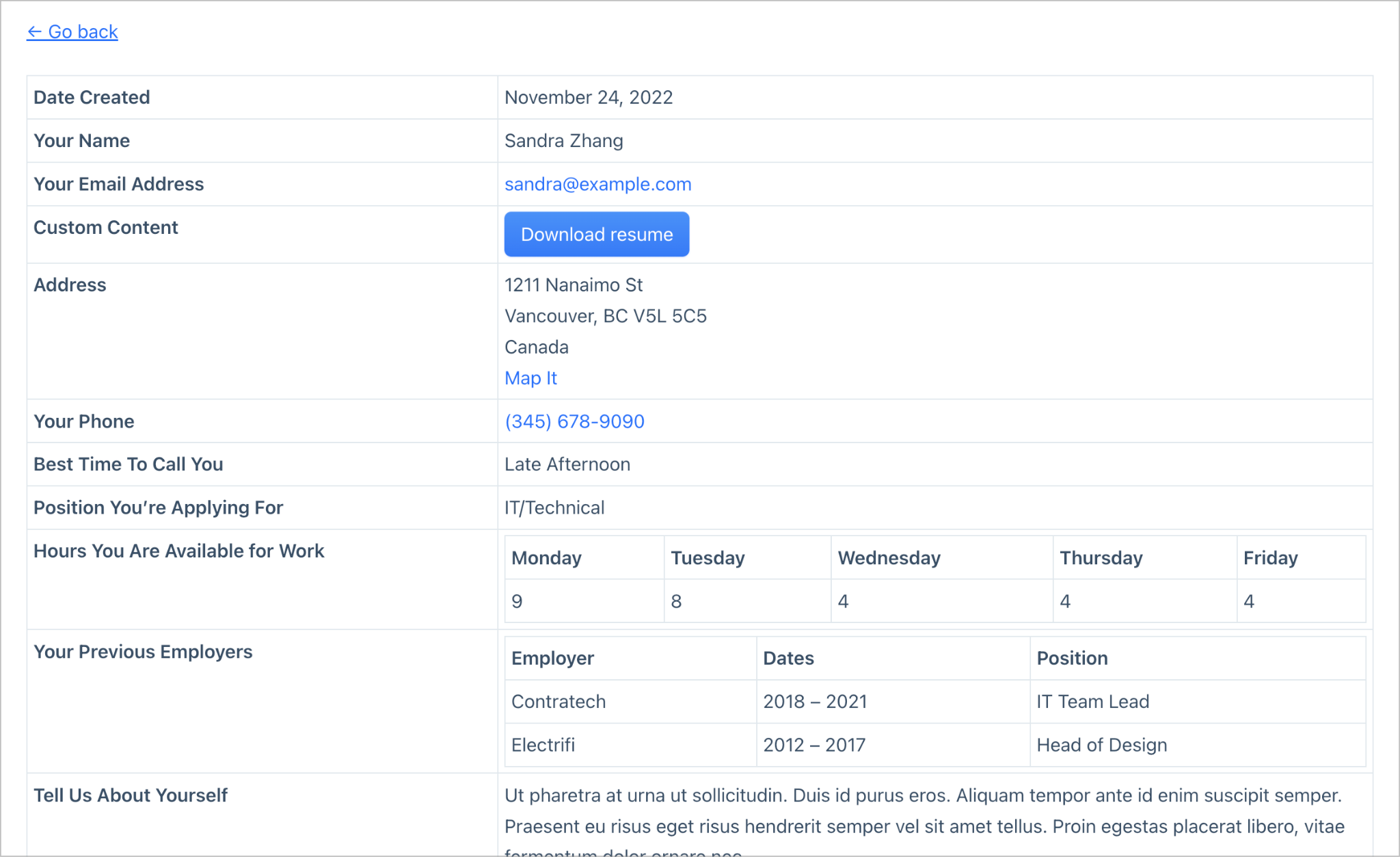 The Single Entry page showing a full job application, including a button to download the applicant's resume.