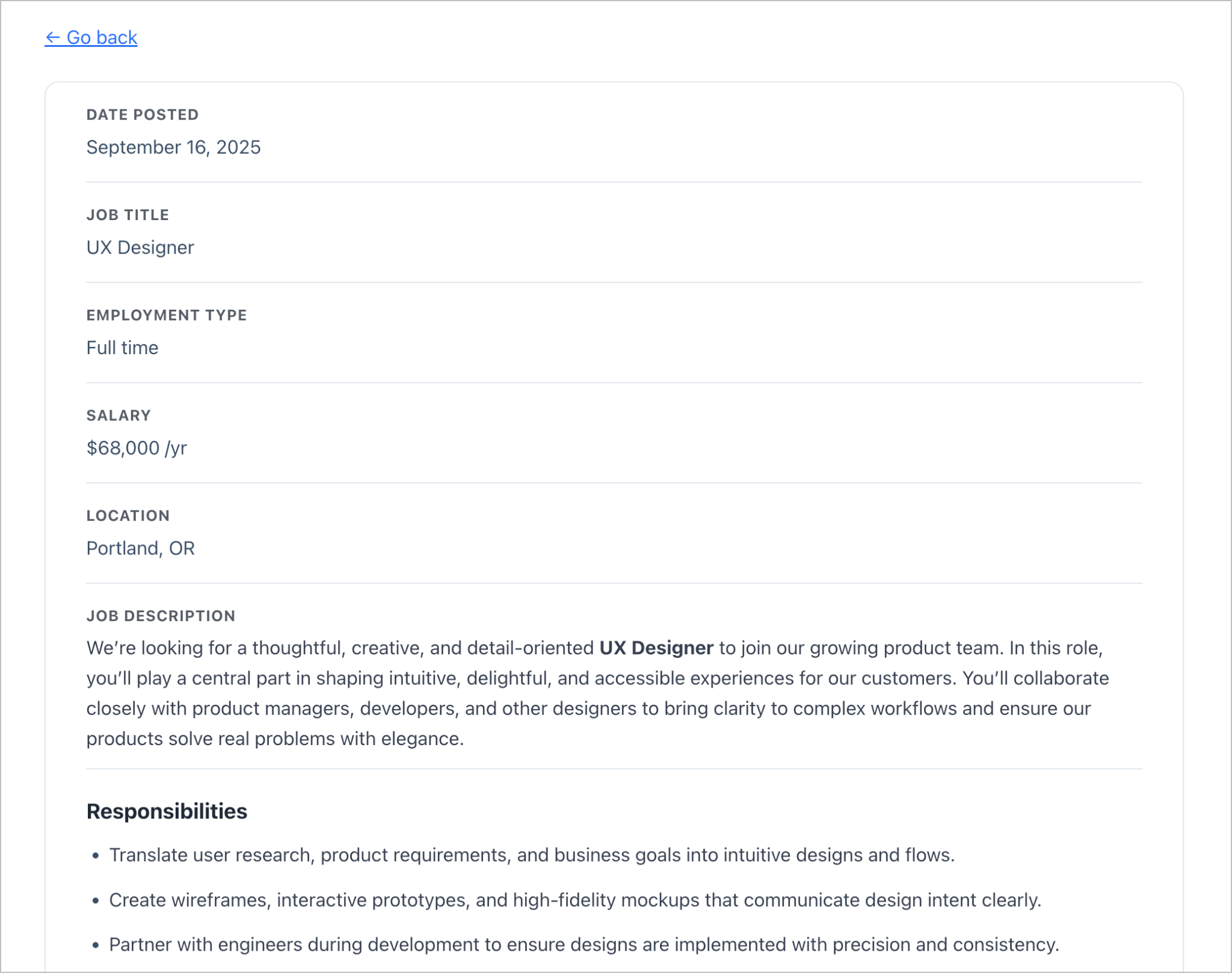 A single entry page with job details and a full job description