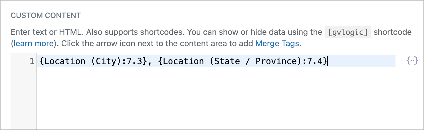 The Custom Content text editor showing City and State merge tags