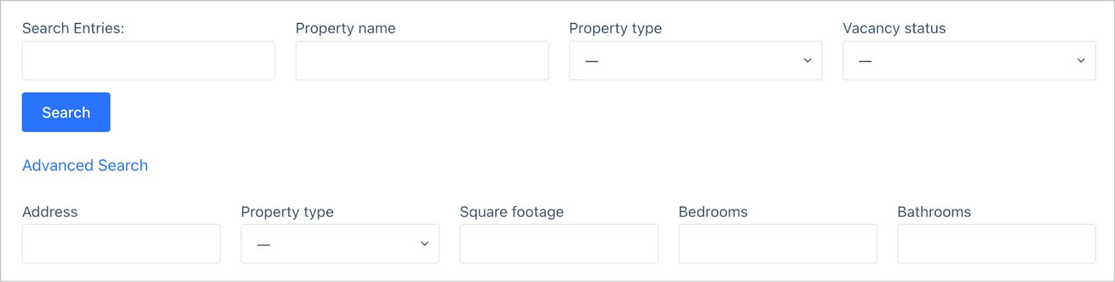 The front-end search bar showing default filters for Search Entries, Property name, Property type, and Vacancy status. Below, the Advanced Search section is expanded to reveal additional filter fields for Address, Property type, Square footage, Bedrooms, and Bathrooms.