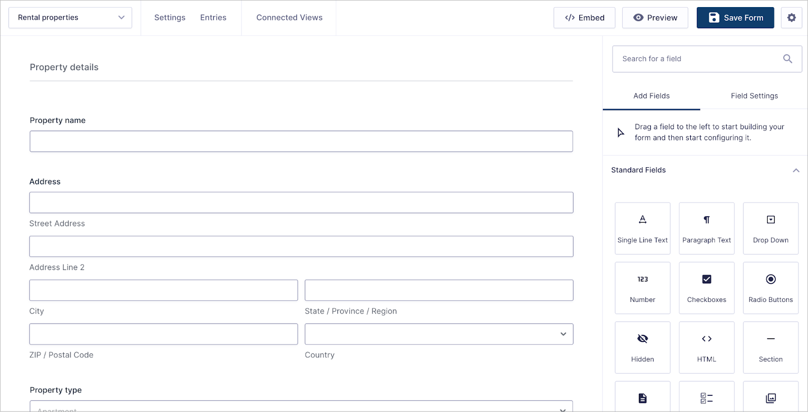 The Gravity Forms visual editor for the Rental properties form, showing the Property details section with fields for property name, address, and property type. The right sidebar displays the Add Fields panel with available field types including Single Line Text, Number, Drop Down, and Section.