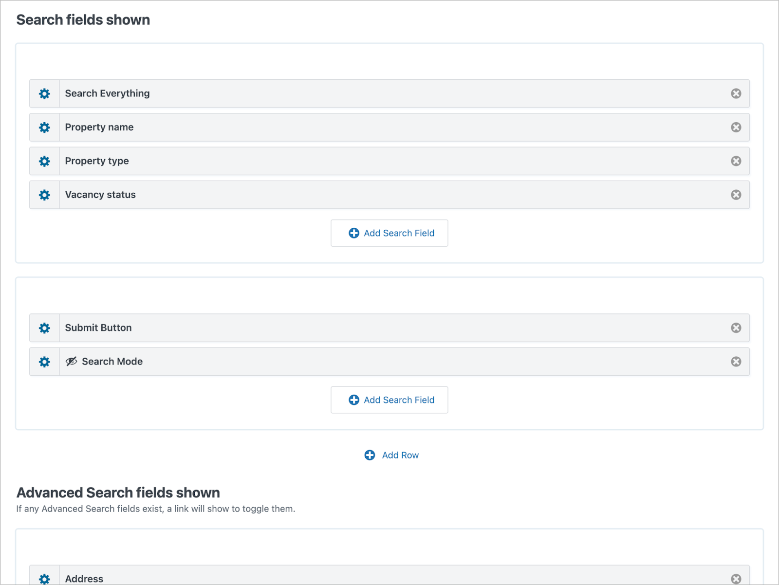 The GravityView search bar widget configuration panel. The Search fields shown section includes Search Everything, Property name, Property type, and Vacancy status fields. Below, the Advanced Search fields shown section contains additional fields like Address that are hidden behind an Advanced Search toggle on the front end.