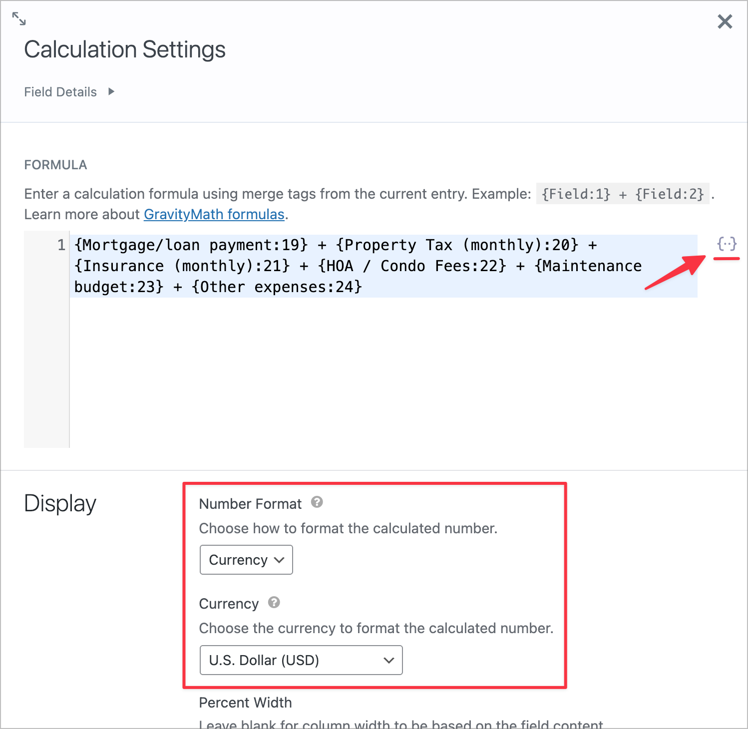 The GravityMath Calculation Settings panel showing a formula that sums mortgage, property tax, insurance, HOA fees, maintenance budget, and other expenses using Gravity Forms merge tags. The display section is highlighted, showing the number format set to Currency and the currency set to U.S. Dollar.