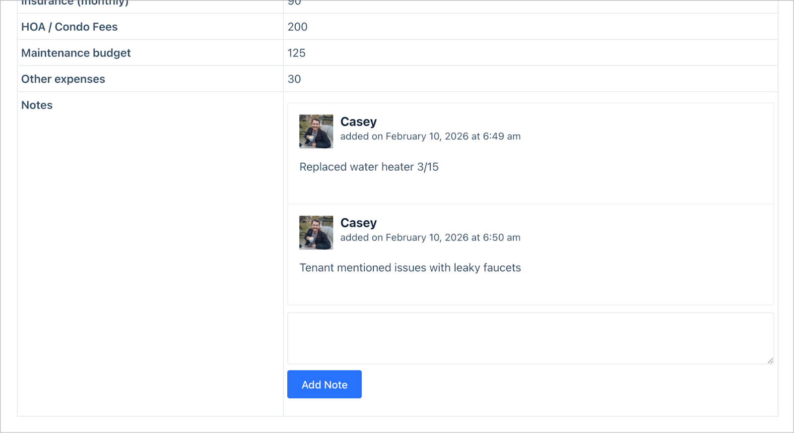 The bottom of a single entry view showing the Entry Notes section. Two notes are visible with timestamps — 'Replaced water heater 3/15' and 'Tenant mentioned issues with leaky faucets' — followed by a text field and an Add Note button for adding new notes.