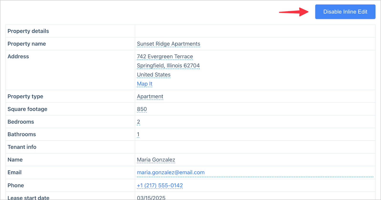A single entry view for Sunset Ridge Apartments with inline editing enabled. A red arrow points to the Disable Inline Edit button. Property details and tenant information are displayed in a table, with editable fields shown with dotted blue underlines.