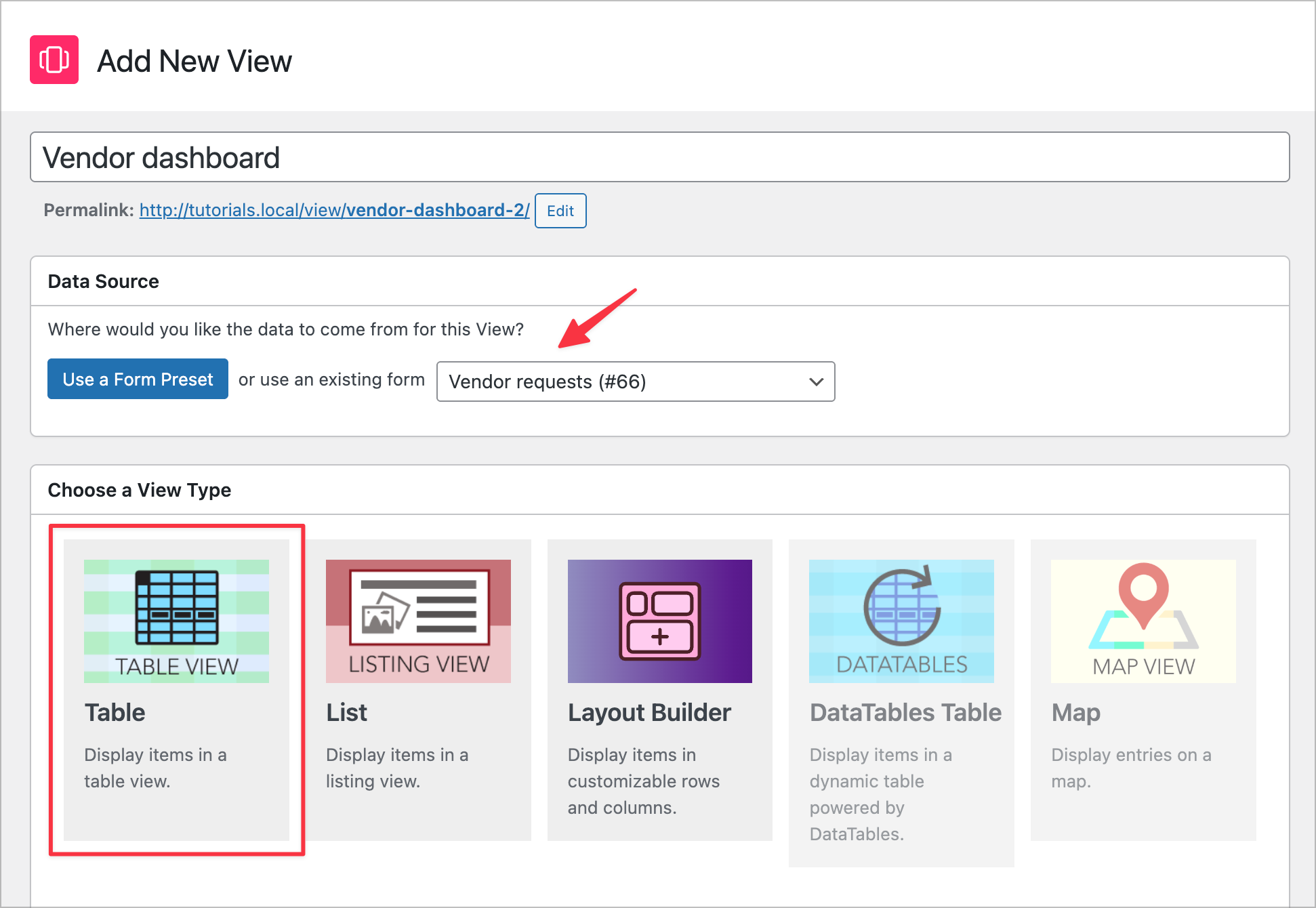 The Add New View screen with Vendor dashboard as the title, the Vendor requests form selected, and the Table View type highlighted