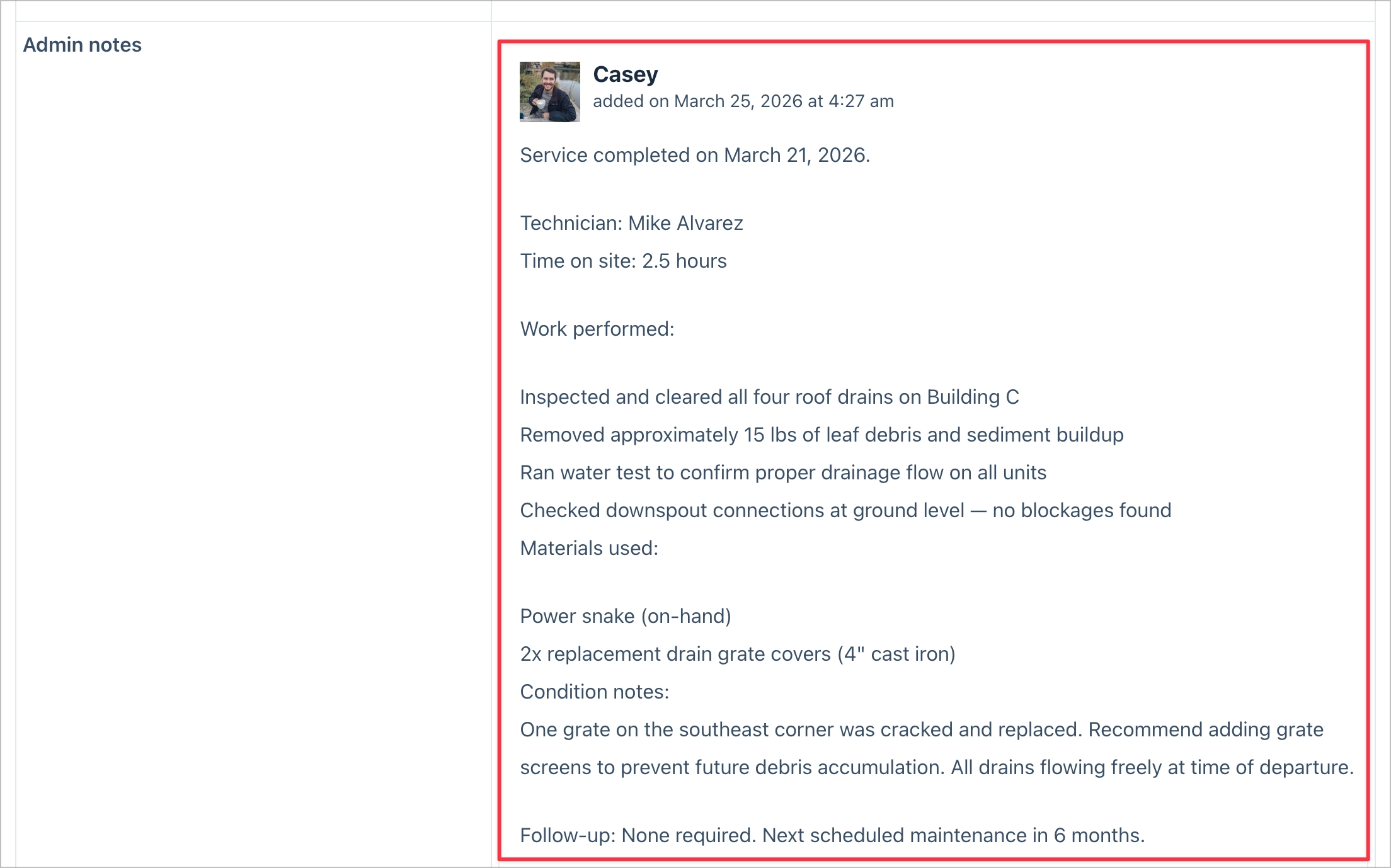Single entry view showing full request details with a detailed admin completion report