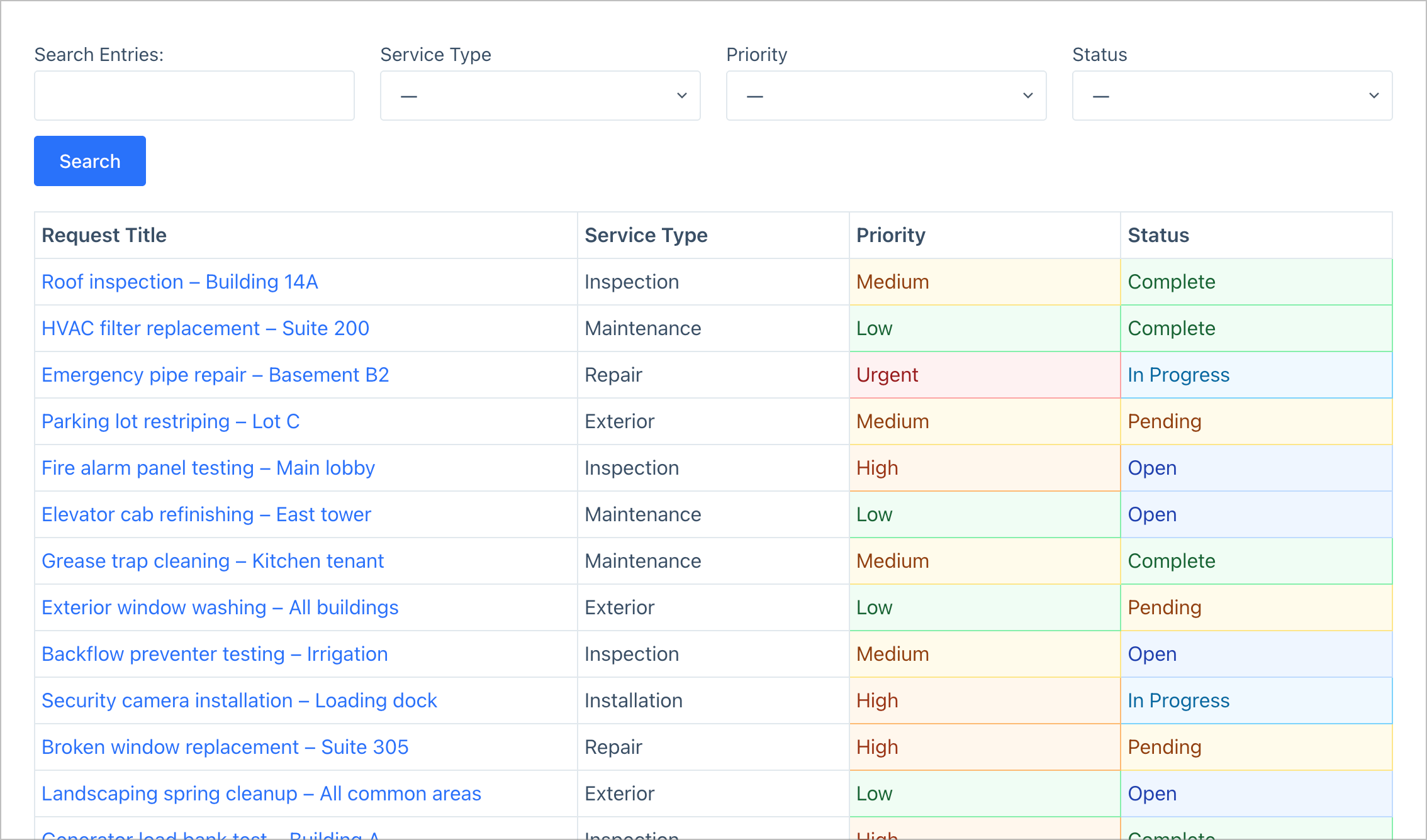 The admin dashboard showing all service requests from all vendors in a searchable, filterable table