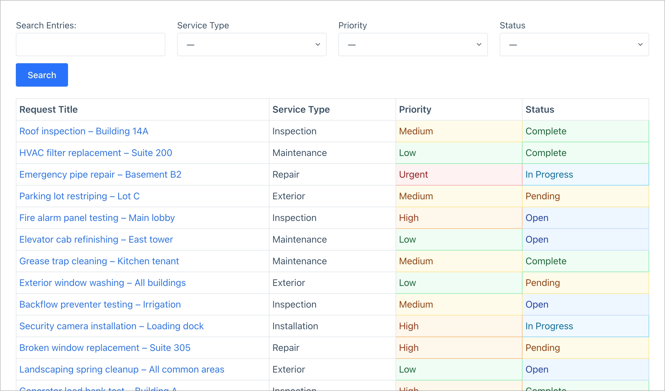 Admin dashboard showing a searchable table of all service requests with filters for Service Type, Priority, and Status