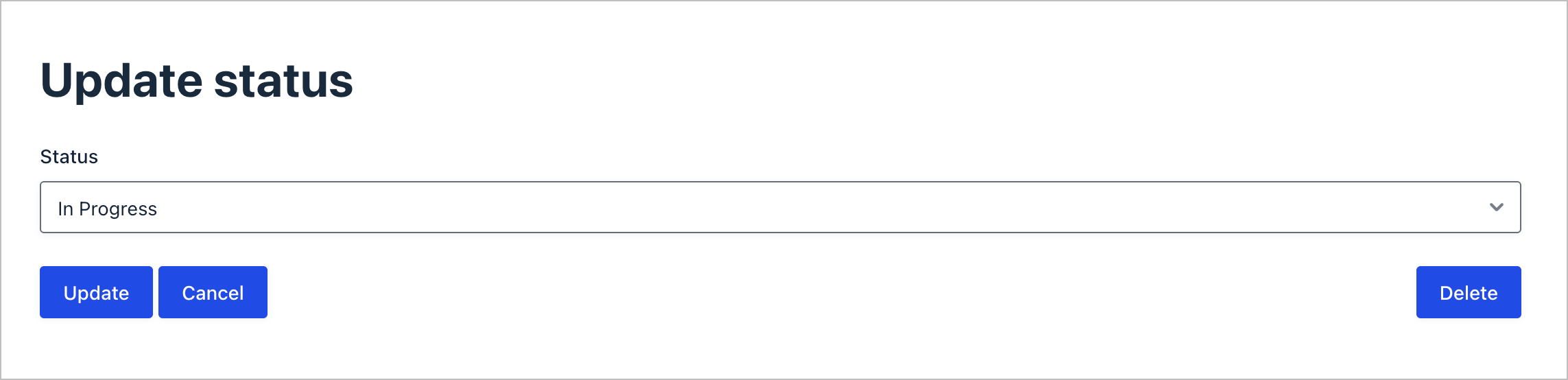 The admin Edit Entry page showing the Status dropdown set to In Progress with Update and Cancel buttons