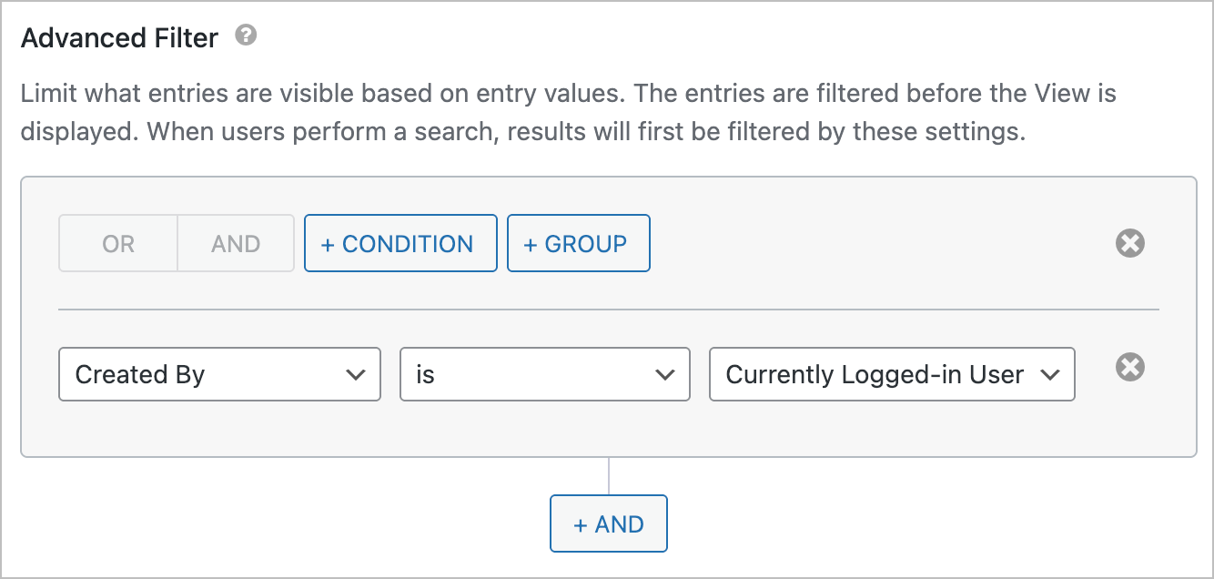 The Advanced Filter settings with a condition set to Created By is Currently Logged-in User