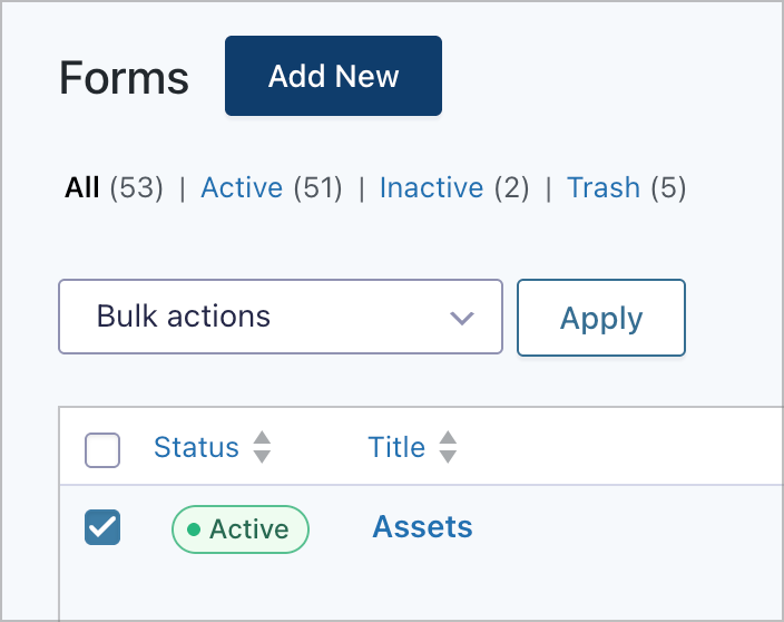 The Bulk actions dropdown and Apply button at the top of the Gravity Forms list.