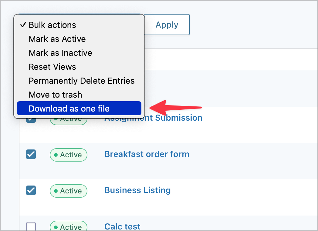 The Bulk actions dropdown expanded, showing the Download as one file option highlighted.