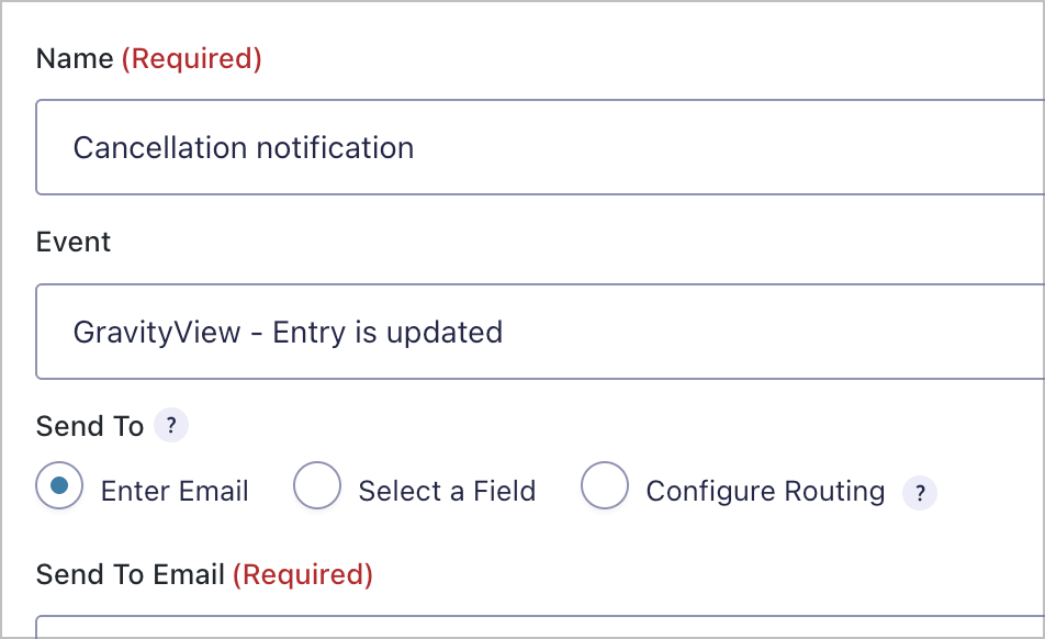 The Cancellation notification settings with the Event set to GravityView - Entry is updated