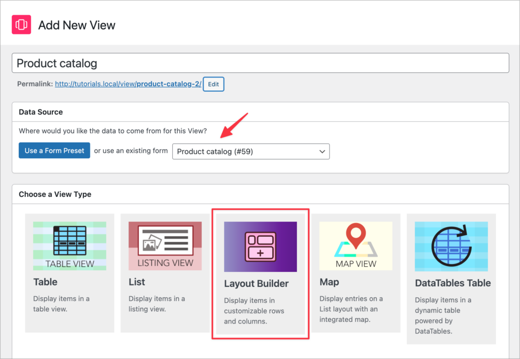 Screenshot of the 'Add New View' interface in WordPress, showing the product catalog setup options including data source selection and layout type options.