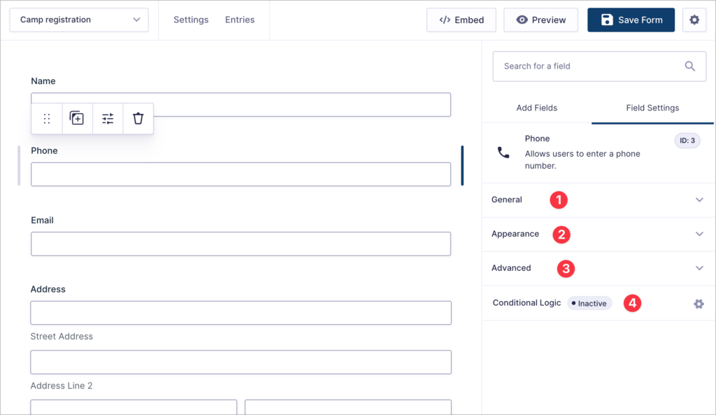 The Gravity Forms Field Settings sidebar for a "Phone" field. It features four numbered sections: 1. General, 2. Appearance, 3. Advanced, and 4. Conditional Logic (currently marked as "Inactive").