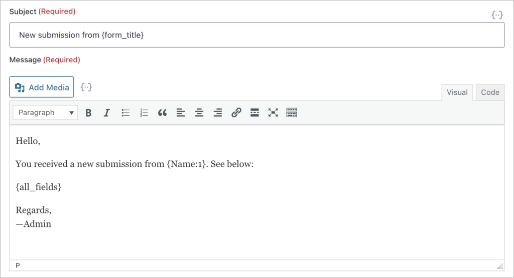 Gravity Forms notification settings showing the Subject field with the merge tag {form_title} and the Message body containing a default email template with merge tags {Name:1} and {all_fields}