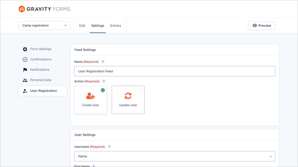 Gravity Forms User Registration feed settings with the 'Create User' action selected, showing the feed name set to 'User Registration Feed' and user settings with the Username field mapped to 'Name'