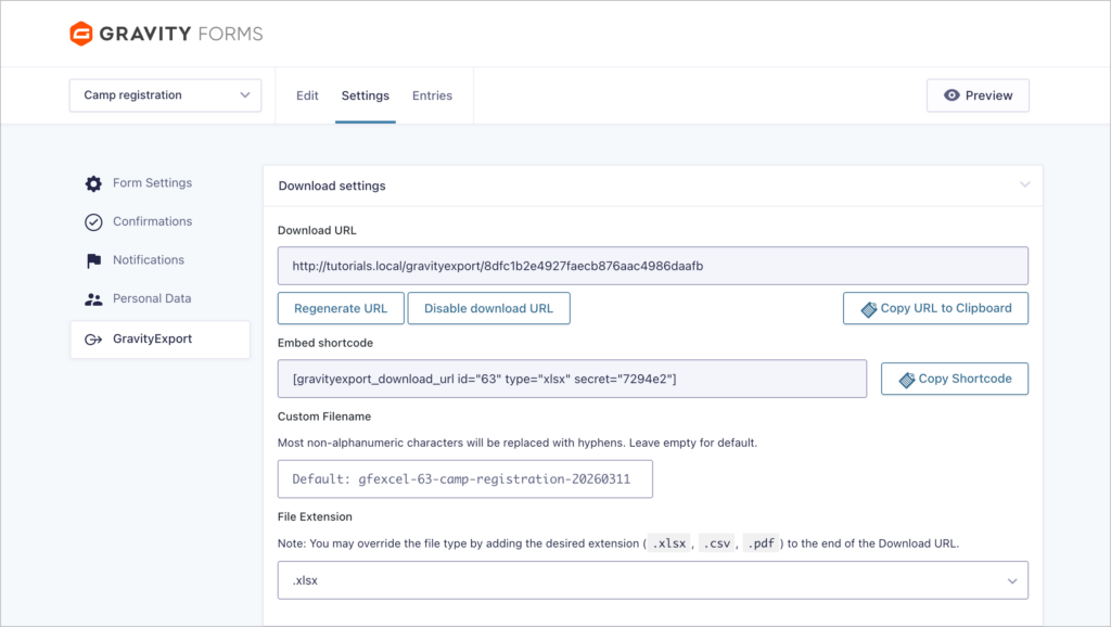 GravityExport download settings for a 'Camp registration' form showing the download URL, embed shortcode, custom filename field, and file extension set to .xlsx, with options to regenerate or disable the URL