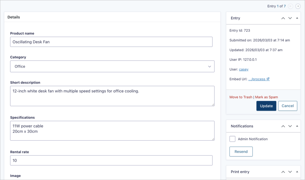 Gravity Forms entry detail view for an 'Oscillating Desk Fan' product showing editable fields for Product name, Category, Short description, Specifications, and Rental rate, with entry metadata in the sidebar including Entry ID 723, submission and update timestamps, and options to Update, Move to Trash, or resend notifications