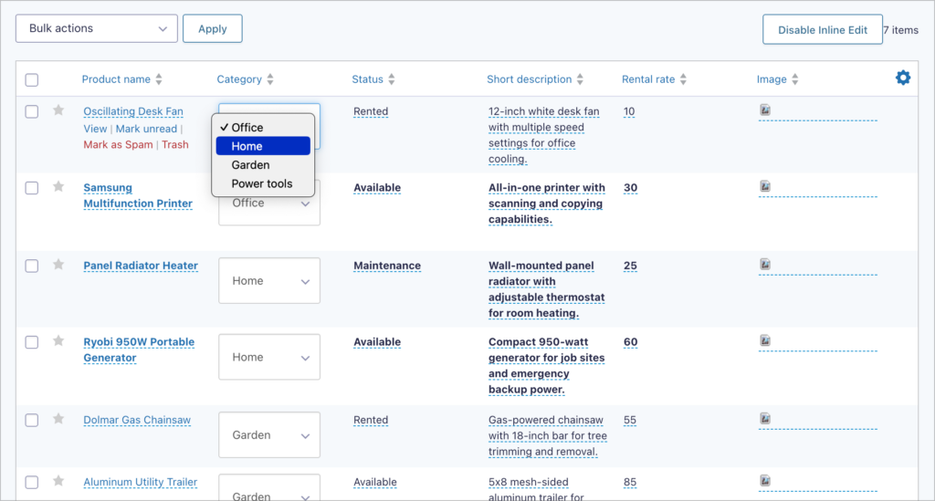 Gravity Forms entries list with inline editing enabled, showing a dropdown menu for the Category field on the 'Oscillating Desk Fan' entry with options for Office, Home, Garden, and Power tools