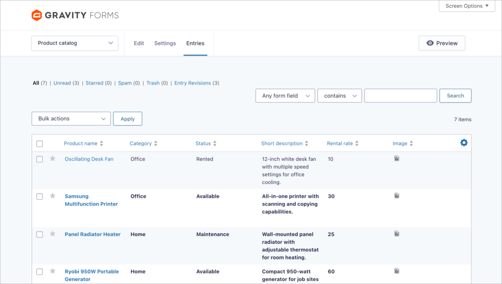 Gravity Forms entries list for a 'Product catalog' form showing 7 items with columns for Product name, Category, Status, Short description, Rental rate, and Image, with entries like Oscillating Desk Fan, Samsung Multifunction Printer, and Panel Radiator Heater