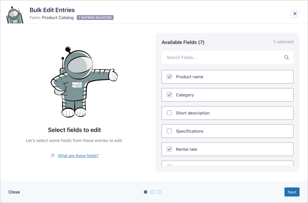 Gravity Forms Bulk Edit Entries dialog for the Product Catalog form with 7 entries selected, showing a field selection step with Product name, Category, and Rental rate checked out of 7 available fields
