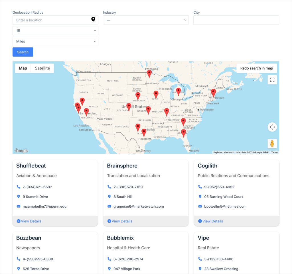 A business directory built with GravityView's Map layout, showing a Google Map of the United States with location pins and search filters for Geolocation Radius, Industry, and City. Below the map, business listings appear as cards displaying company name, industry, phone number, address, email, and a "View Details" link.