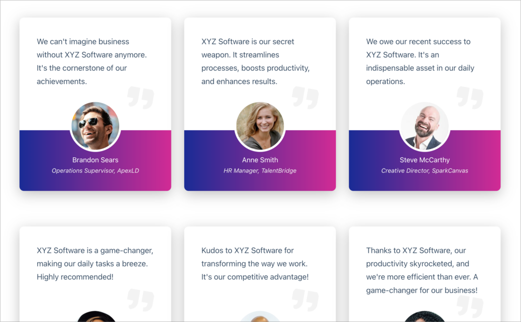 A testimonial wall built with GravityView's DIY layout, displaying customer quotes as styled cards with profile photos, names, and job titles. Six testimonials are shown in a three-column grid, each with a quote mark accent and a blue-to-purple gradient behind the author's photo.