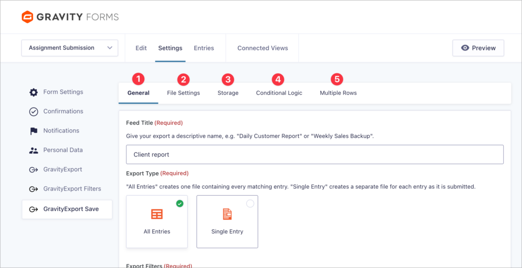 GravityExport Save feed settings showing the new tabbed interface with five tabs: General, File Settings, Storage, Conditional Logic, and Multiple Rows. The General tab is active, displaying Feed Title and Export Type options