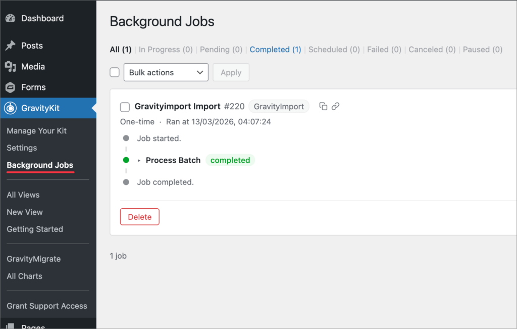 The GravityKit Background Jobs page in WordPress showing a completed GravityImport job. The job timeline displays 'Job started', 'Process Batch — completed', and 'Job completed'. Status filters at the top include In Progress, Pending, Completed, Scheduled, Failed, Canceled, and Paused