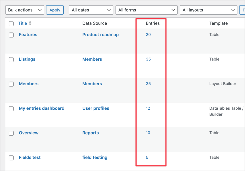 The 'Entries' column on the admin Entries screen showing the number of entries in a View's data source.